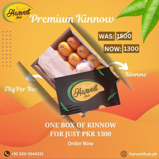 Advertisement for Harvest Hub Premium Kinnow with a box of kinnow fruits on an orange background.